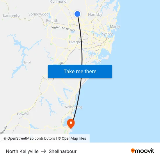 North Kellyville to Shellharbour map