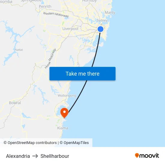 Alexandria to Shellharbour map