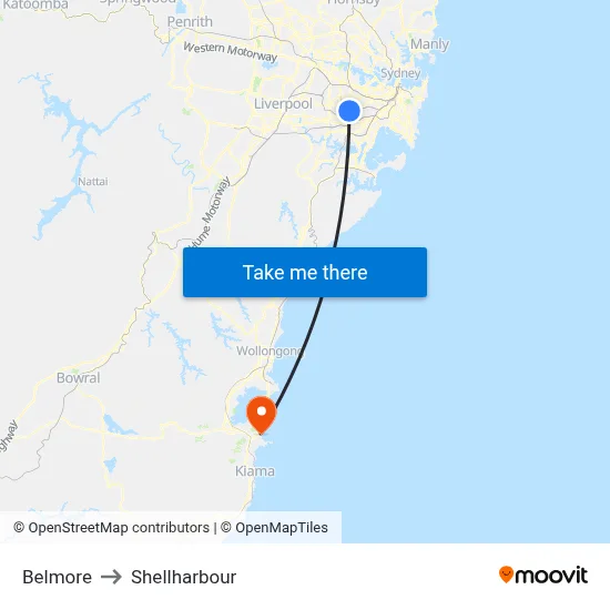 Belmore to Shellharbour map