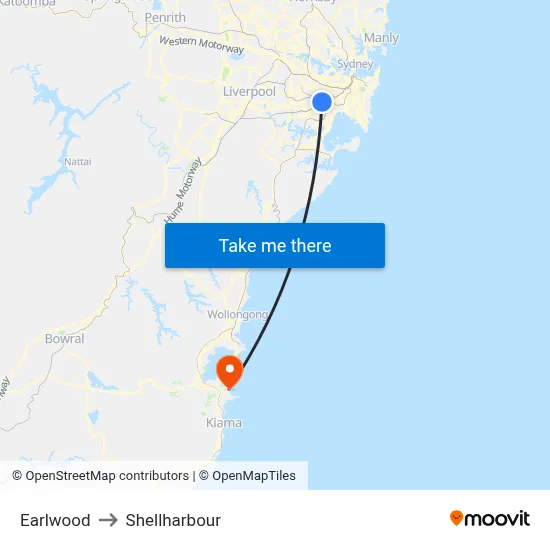 Earlwood to Shellharbour map