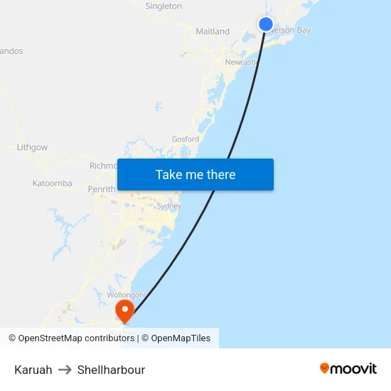Karuah to Shellharbour map