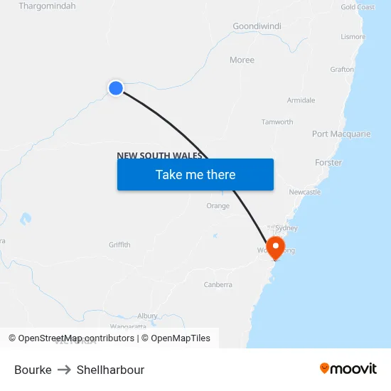 Bourke to Shellharbour map