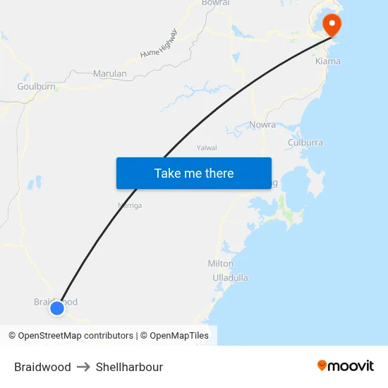 Braidwood to Shellharbour map