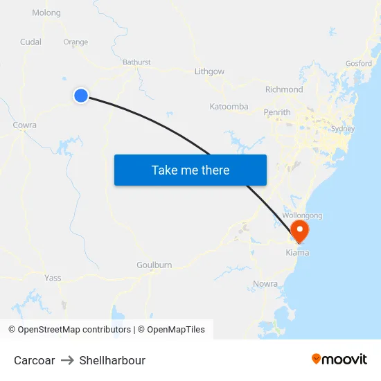 Carcoar to Shellharbour map