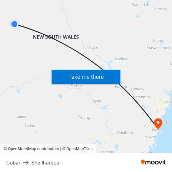Cobar to Shellharbour map
