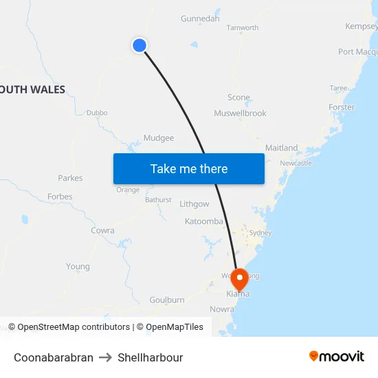 Coonabarabran to Shellharbour map