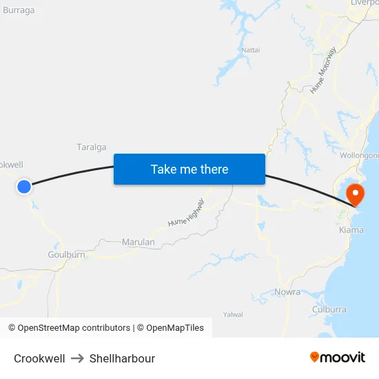 Crookwell to Shellharbour map