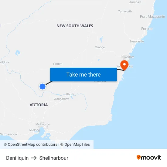 Deniliquin to Shellharbour map