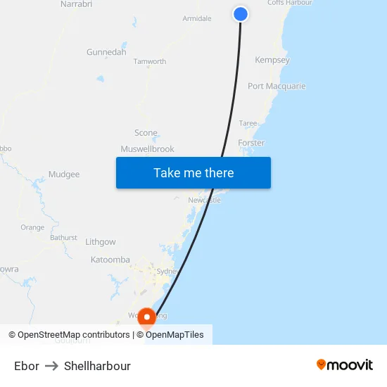 Ebor to Shellharbour map