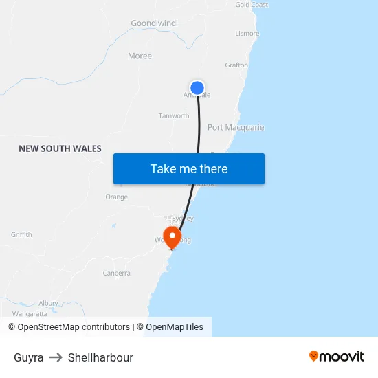 Guyra to Shellharbour map