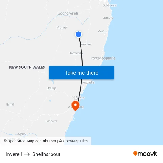 Inverell to Shellharbour map