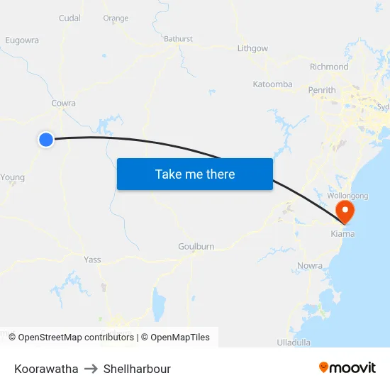 Koorawatha to Shellharbour map