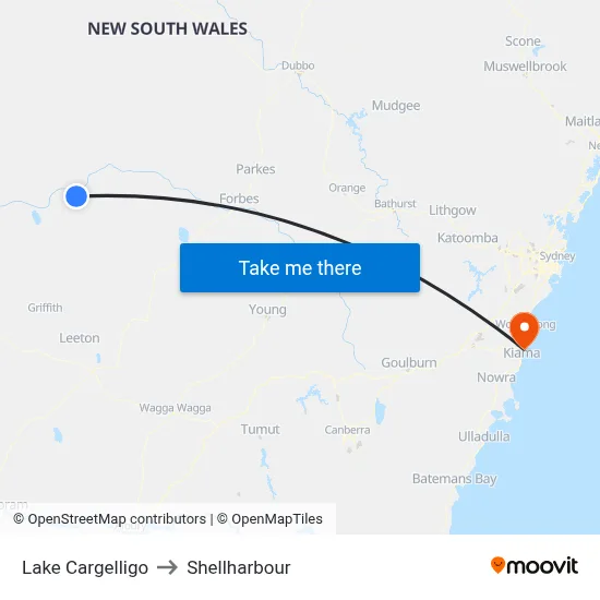Lake Cargelligo to Shellharbour map