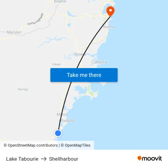 Lake Tabourie to Shellharbour map