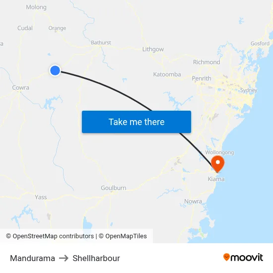 Mandurama to Shellharbour map