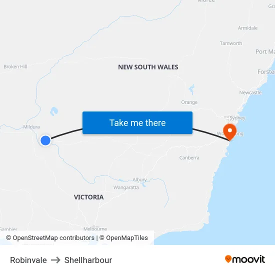 Robinvale to Shellharbour map