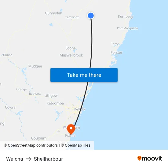 Walcha to Shellharbour map
