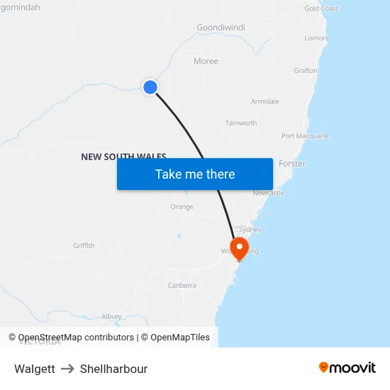 Walgett to Shellharbour map