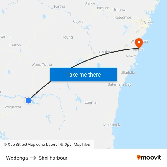 Wodonga to Shellharbour map