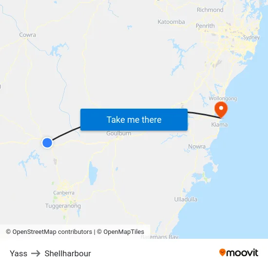 Yass to Shellharbour map