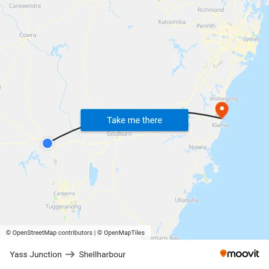Yass Junction to Shellharbour map
