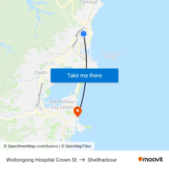 Wollongong Hospital Crown St to Shellharbour map