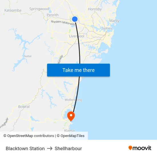 Blacktown Station to Shellharbour map