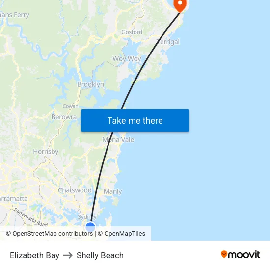 Elizabeth Bay to Shelly Beach map