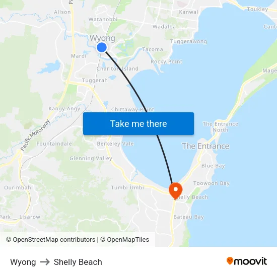 Wyong to Shelly Beach map
