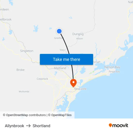 Allynbrook to Shortland map