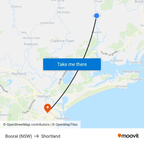 Booral (NSW) to Shortland map