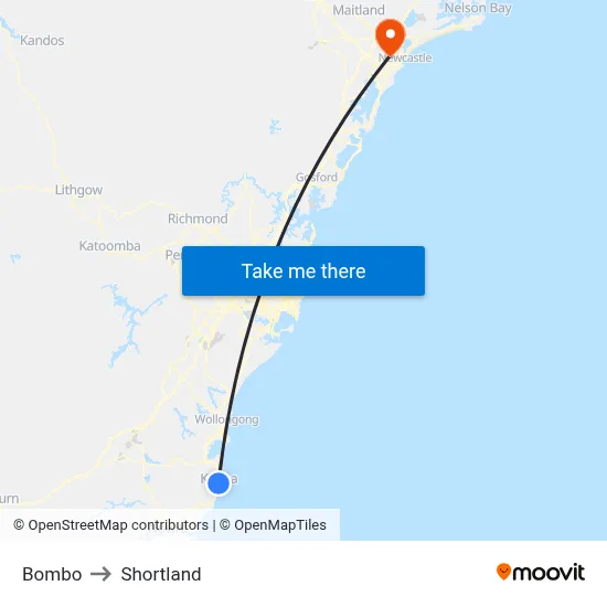 Bombo to Shortland map