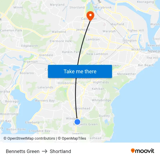 Bennetts Green to Shortland map