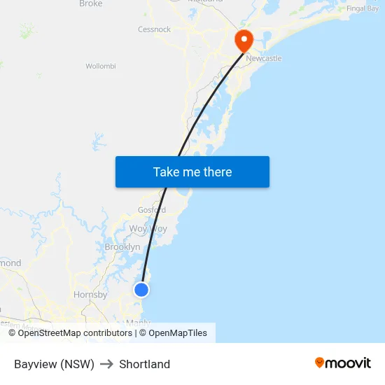 Bayview (NSW) to Shortland map