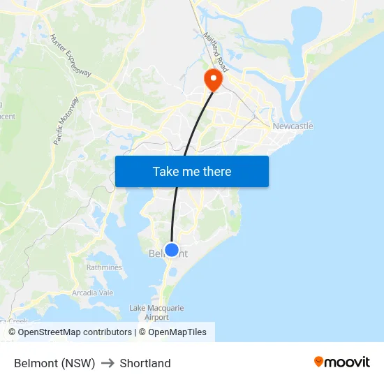 Belmont (NSW) to Shortland map