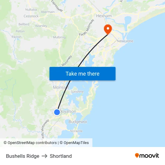 Bushells Ridge to Shortland map