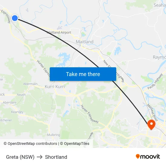 Greta (NSW) to Shortland map