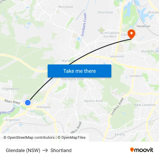 Glendale (NSW) to Shortland map