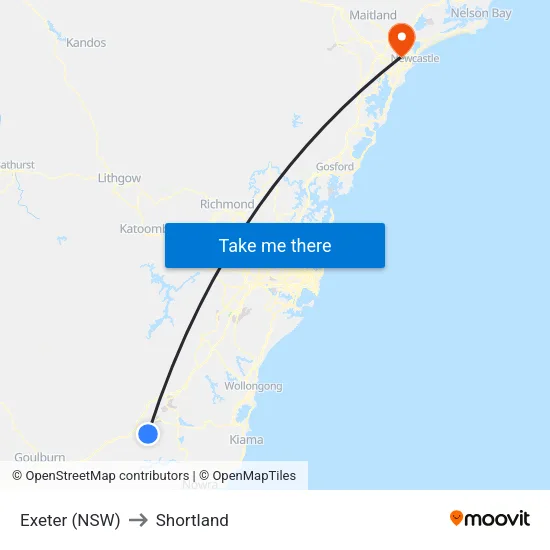 Exeter (NSW) to Shortland map