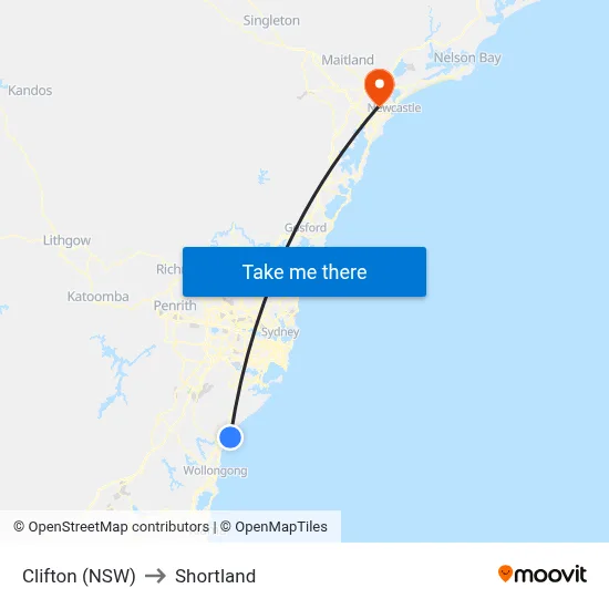 Clifton (NSW) to Shortland map