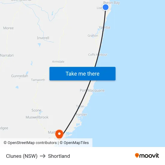 Clunes (NSW) to Shortland map
