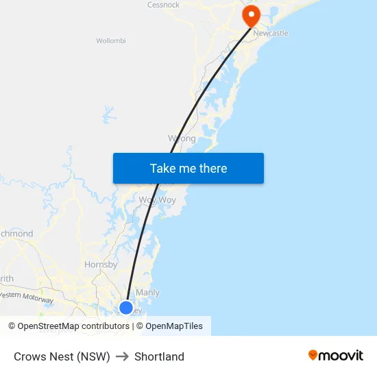 Crows Nest (NSW) to Shortland map