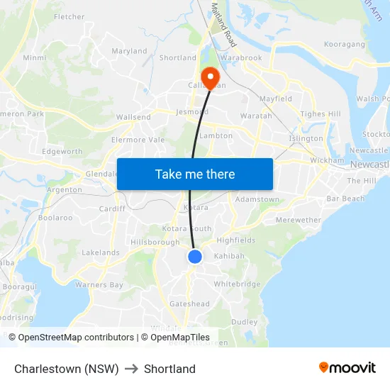 Charlestown (NSW) to Shortland map