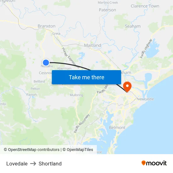 Lovedale to Shortland map