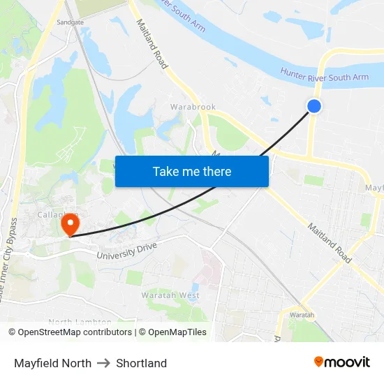 Mayfield North to Shortland map