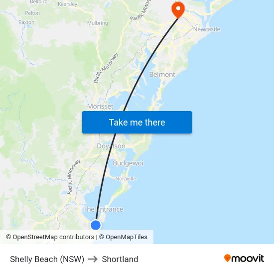 Shelly Beach (NSW) to Shortland map