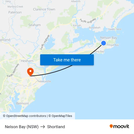 Nelson Bay (NSW) to Shortland map
