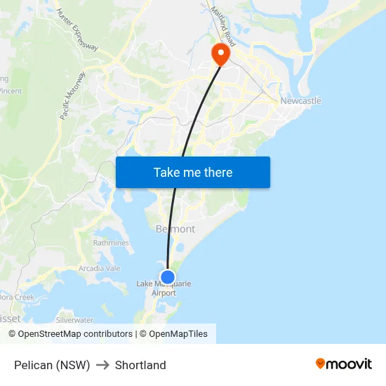 Pelican (NSW) to Shortland map