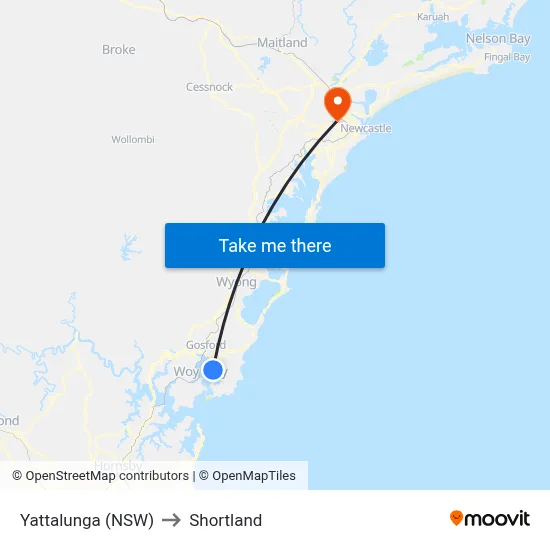 Yattalunga (NSW) to Shortland map
