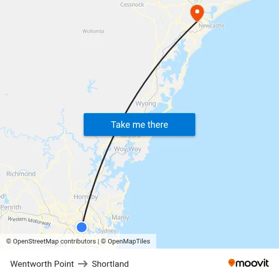 Wentworth Point to Shortland map